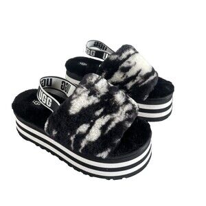 UGG Women’s Disco Marble Slide Black Sheepskin Platform Sandal Slipper Size 9